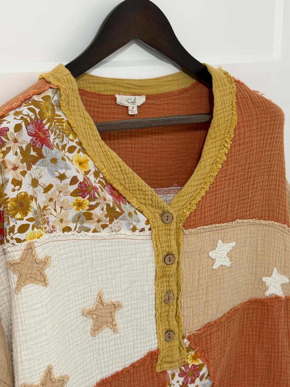 Easel Patchwork Cotton Gauze Top | Floral Star Boho | Size Small